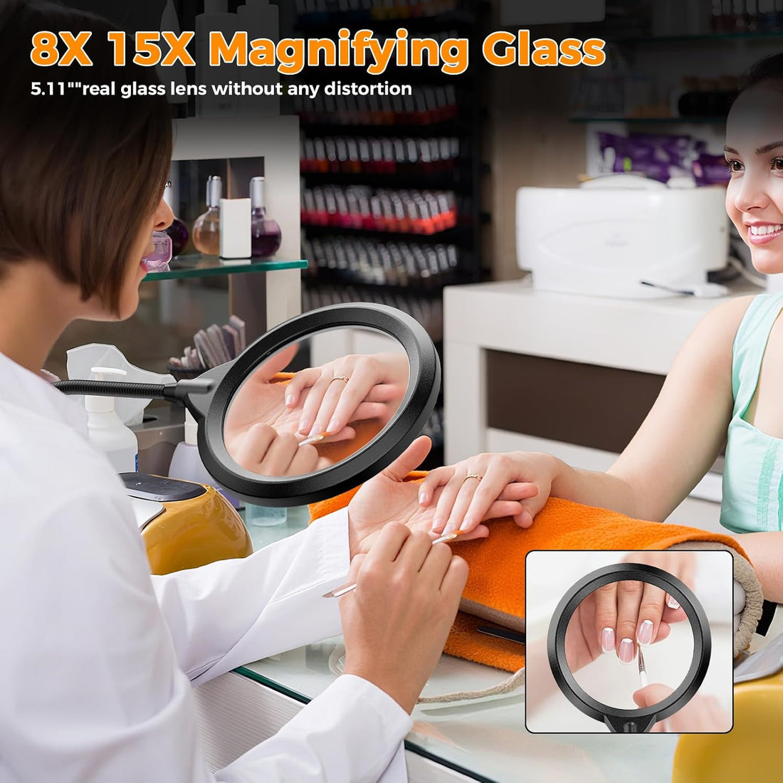 Magnifying Glass with Light and Stand, 15X & 8X Magnifying Lamp with Clamp, 5 Color Lighting Modes Stepless Dimmable LED Desk Lamp Hands Free