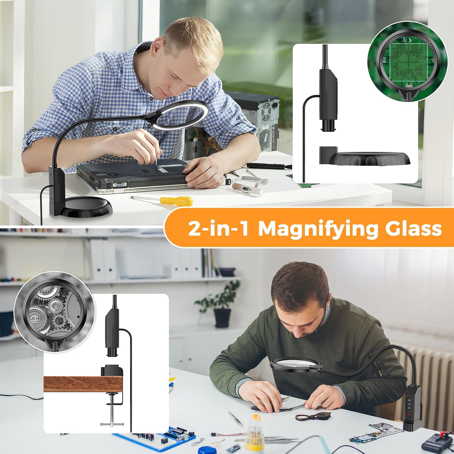 Magnifying Glass with Light and Stand, 15X & 8X Magnifying Lamp with Clamp, 5 Color Lighting Modes Stepless Dimmable LED Desk Lamp Hands Free