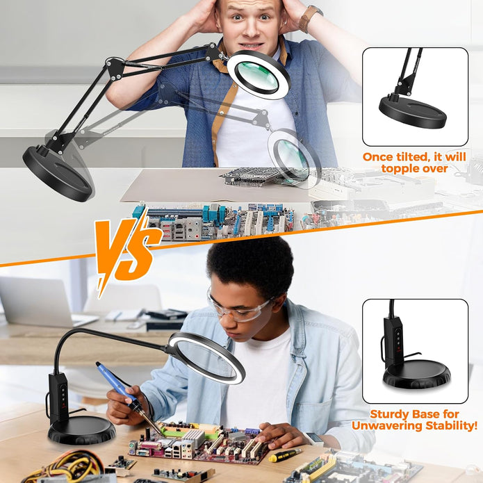 Magnifying Glass with Light and Stand, 15X & 8X Magnifying Lamp with Clamp, 5 Color Lighting Modes Stepless Dimmable LED Desk Lamp Hands Free