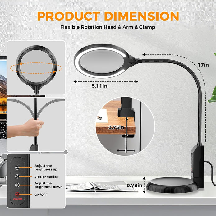 Magnifying Glass with Light and Stand, 15X & 8X Magnifying Lamp with Clamp, 5 Color Lighting Modes Stepless Dimmable LED Desk Lamp Hands Free