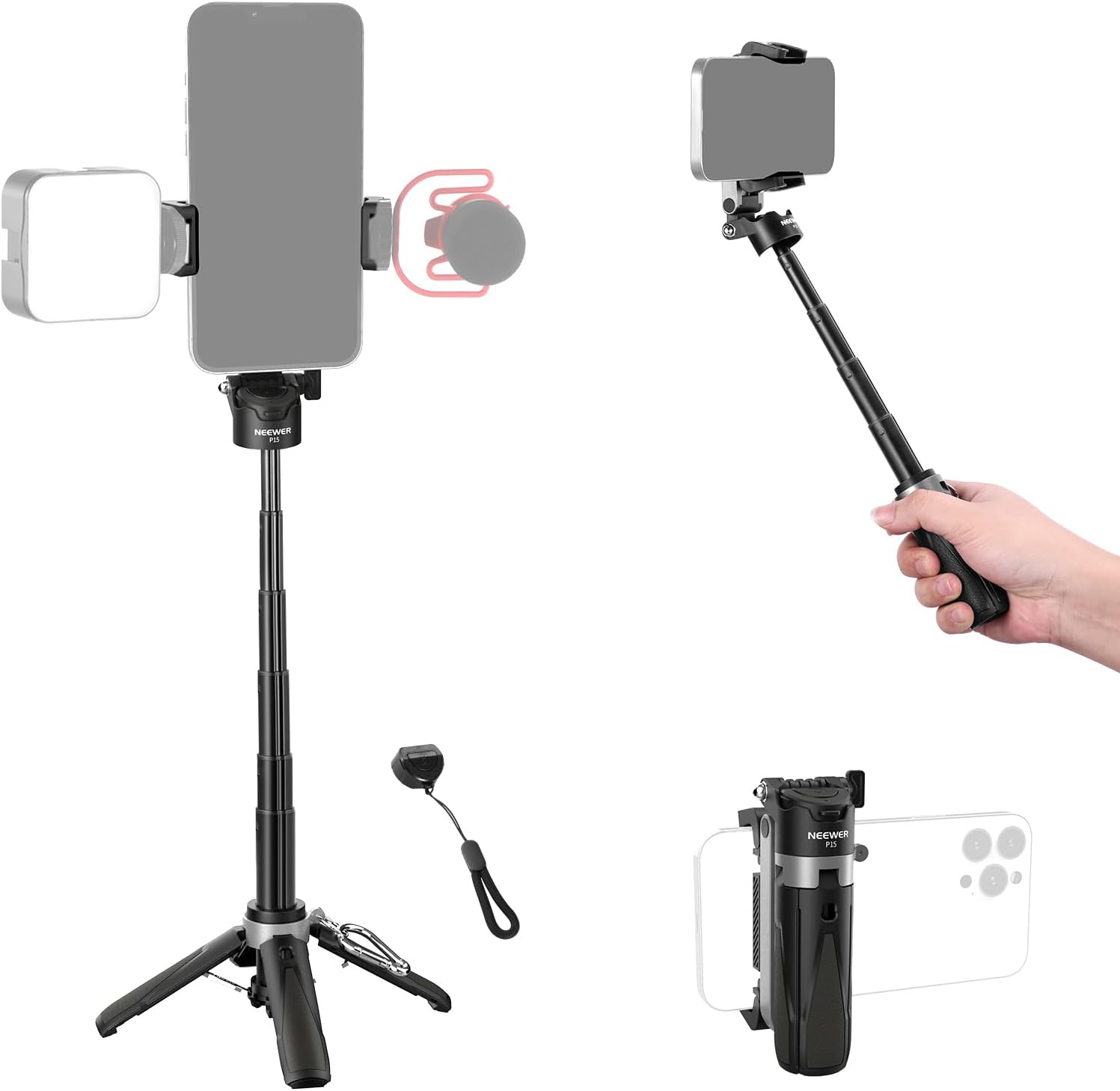 NEEWER Selfie Stick with Detachable Bluetooth Remote Shutter, Foldable Travel Tripod
