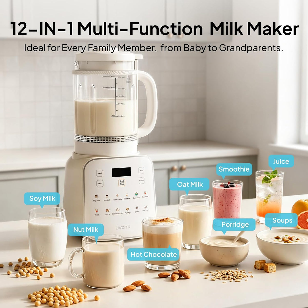Nut Milk Maker, Soy Milk Maker, 12-in-1, Glass Jar, Auto Clean, 1.5L