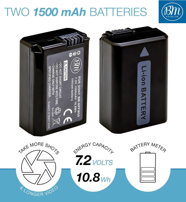 BM Premium 2 NP-FW50 Batteries and Battery Charger for Sony A6400, a3000, a5000, a6000, a6300, a6500 Digital Cameras