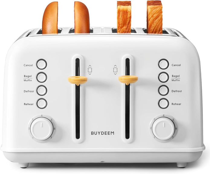BUYDEEM DT640 4-Slice Toaster, 7 Shade Settings, 1.5" Wide Slots, White | For Toast, Bagel & English Muffin, 6 Toasting Functions, Retro, Stainless Steel, High Lift Lever, 1800W