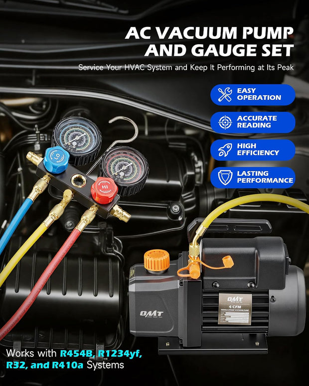 USED LIKE NEW / OMT AC Vacuum Pump and Gauge Set, 4 CFM 1/3 HP Set