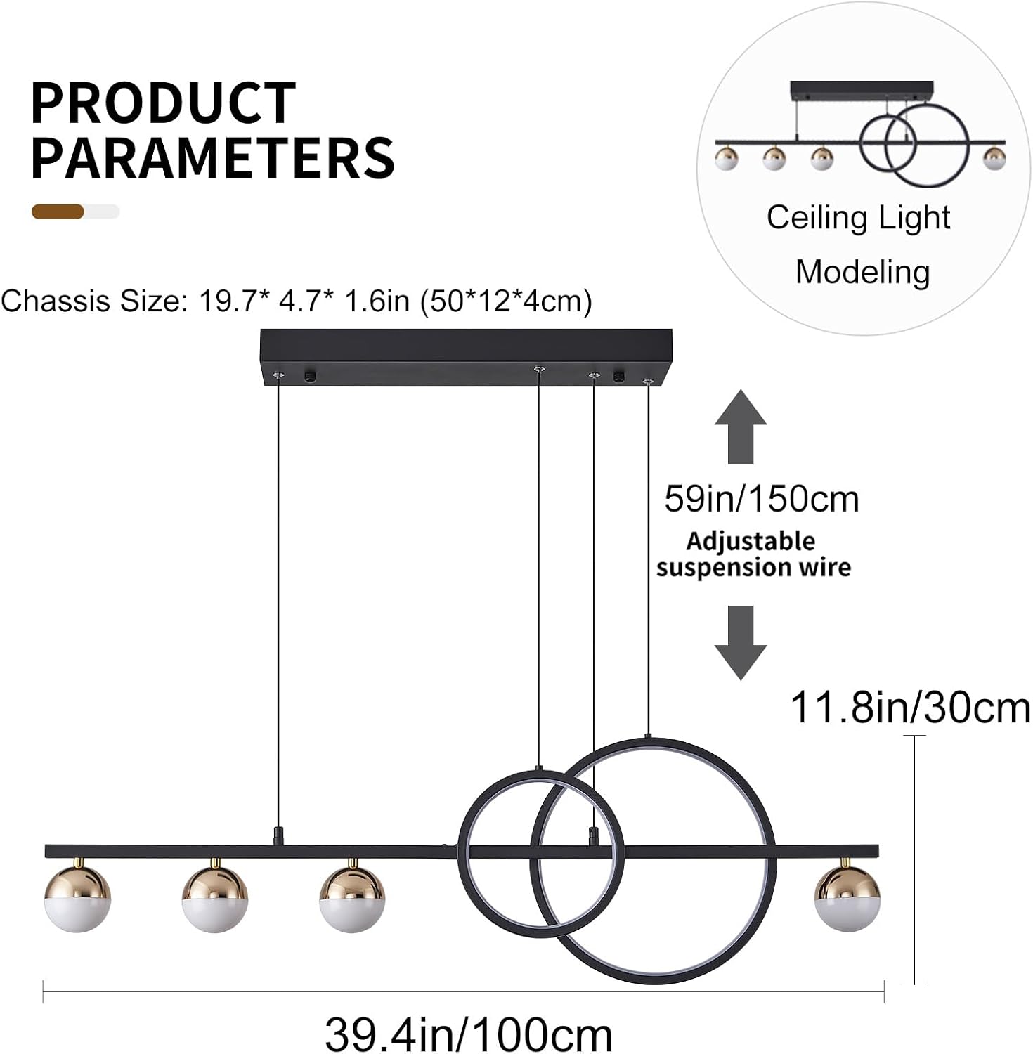 ORANOOR Modern LED Black Gold Chandeliers, 100cm Dimmable LED Pendant Light | 1m Linear Pendant Lights