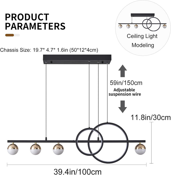 ORANOOR Modern LED Black Gold Chandeliers, 100cm Dimmable LED Pendant Light | 1m Linear Pendant Lights