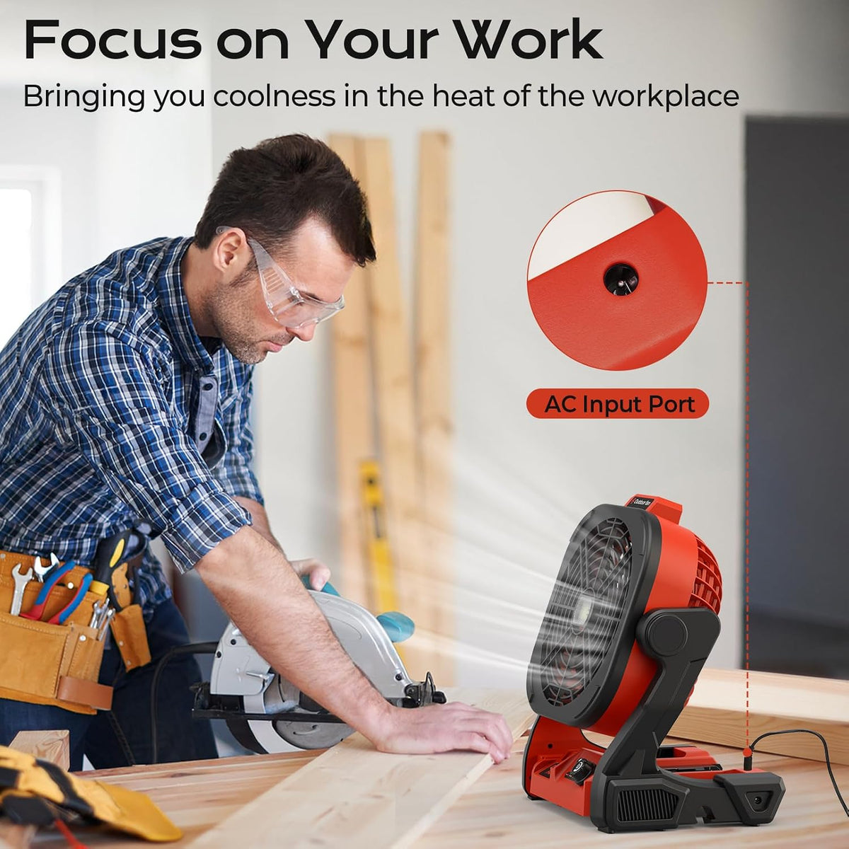 Battery Operated Fan for Milwaukee M18 battery, Portable Fan with USB A/C Charging ＆ AC Adapter & LED Lights, 4 Speeds & Hook, Cordless/Camping/Battery Powered fan, for Outdoor Jobsite (No Battery)