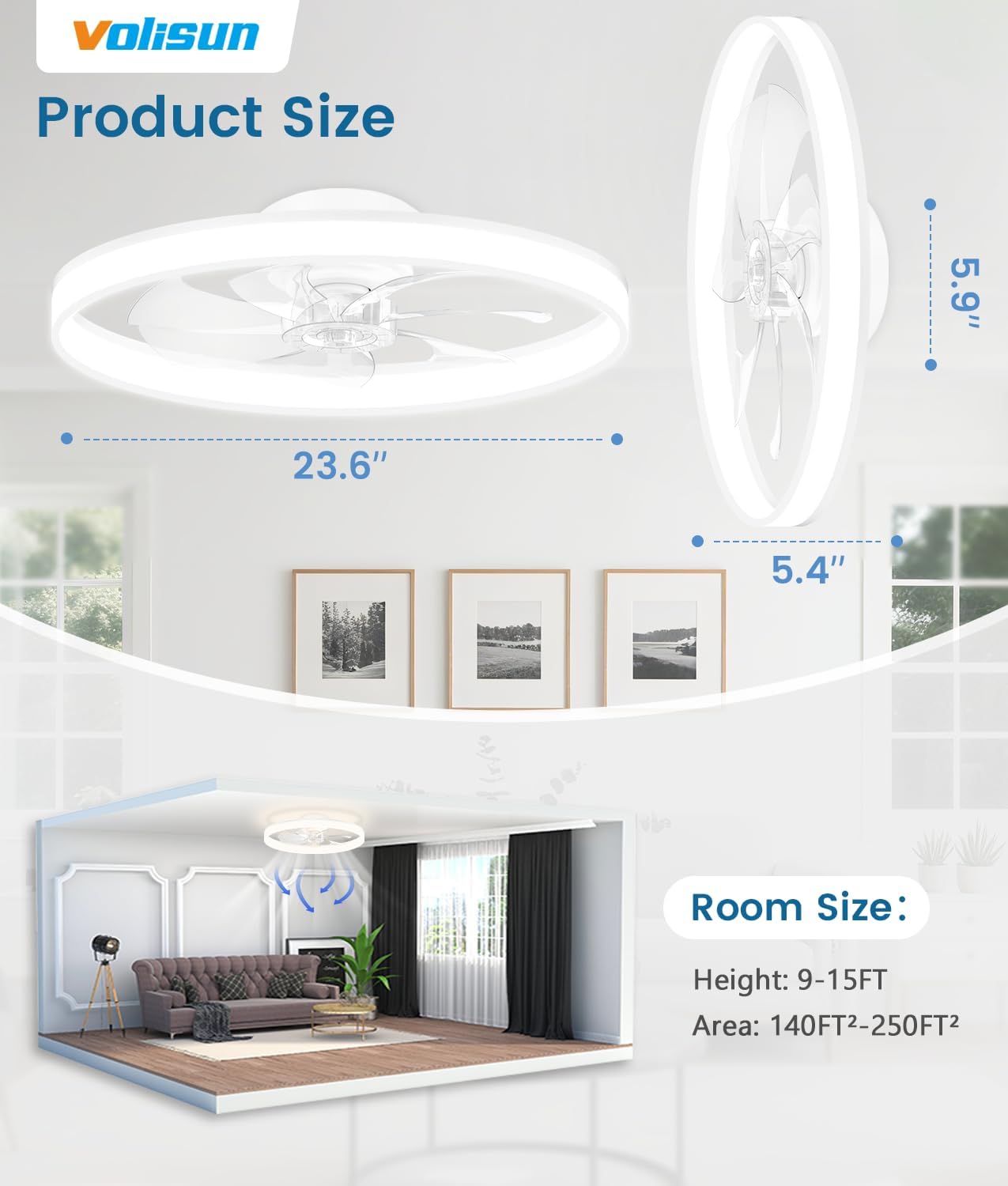 VOLISUN Low Profile Ceiling Fans with Lights and Remote, 24in White