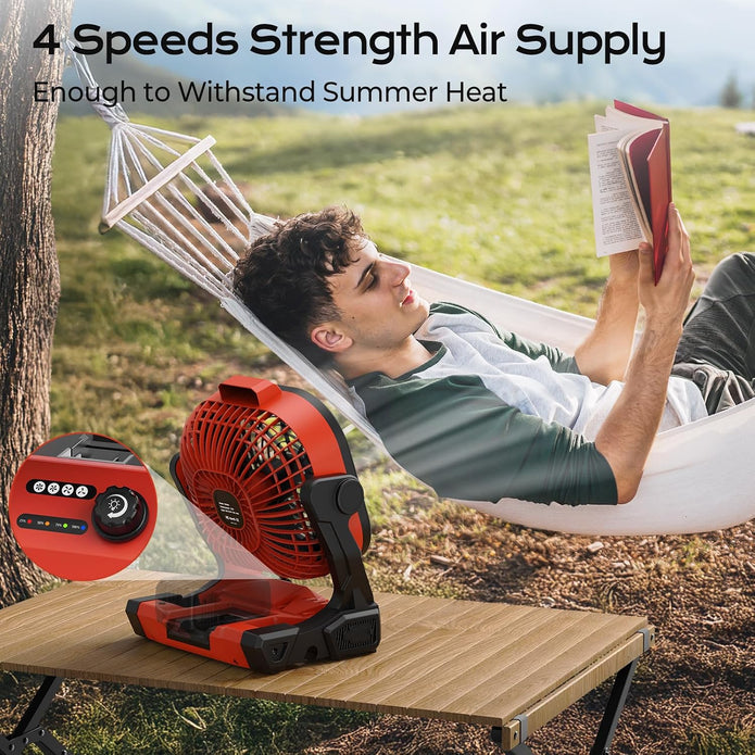 Battery Operated Fan for Milwaukee M18 battery, Portable Fan with USB A/C Charging ＆ AC Adapter & LED Lights, 4 Speeds & Hook, Cordless/Camping/Battery Powered fan, for Outdoor Jobsite (No Battery)