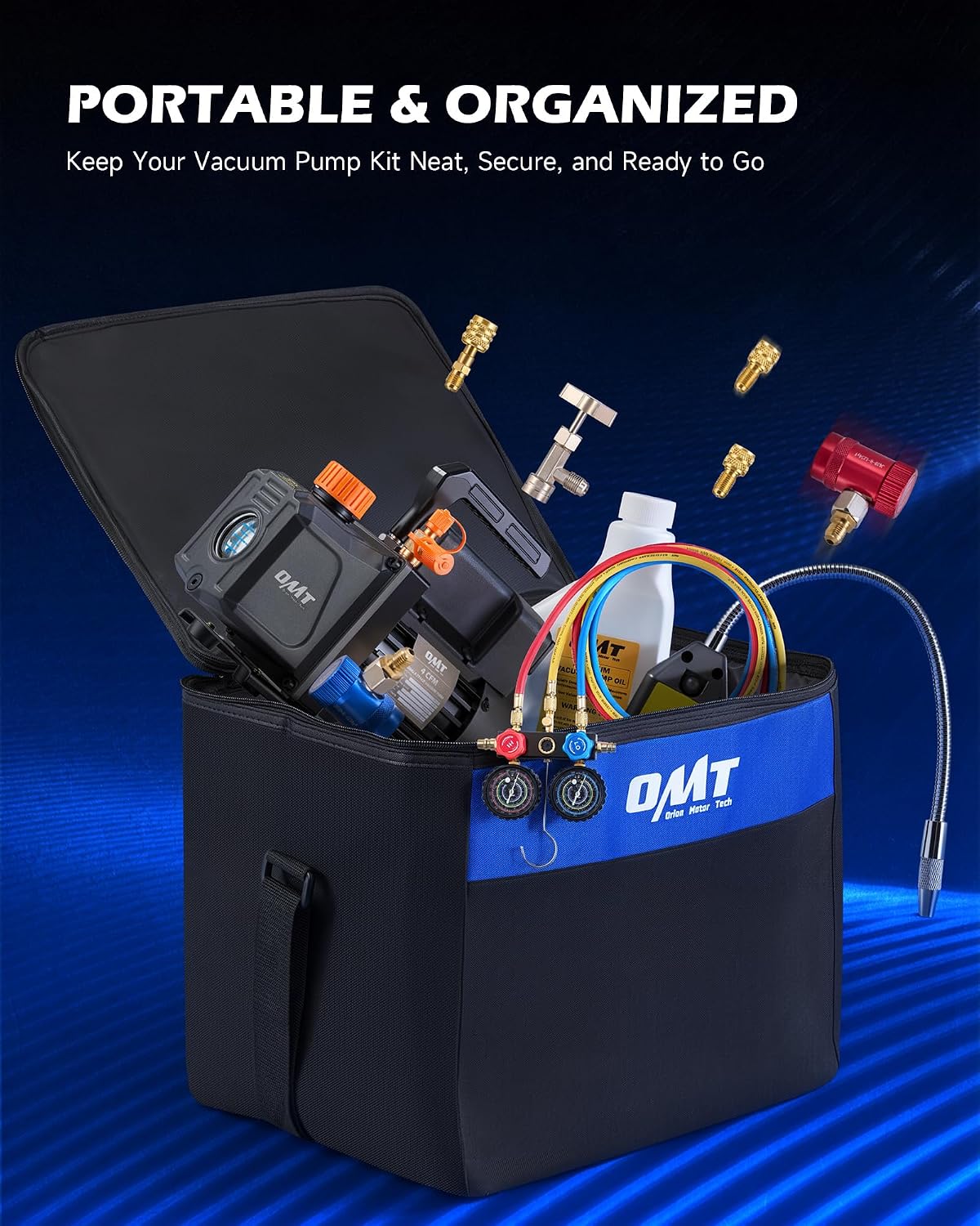 USED LIKE NEW / OMT AC Vacuum Pump and Gauge Set, 4 CFM 1/3 HP Set
