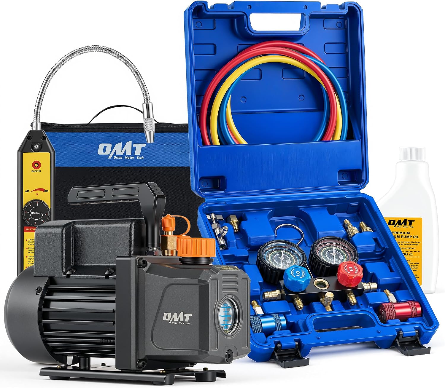 USED LIKE NEW / OMT AC Vacuum Pump and Gauge Set, 4 CFM 1/3 HP Set