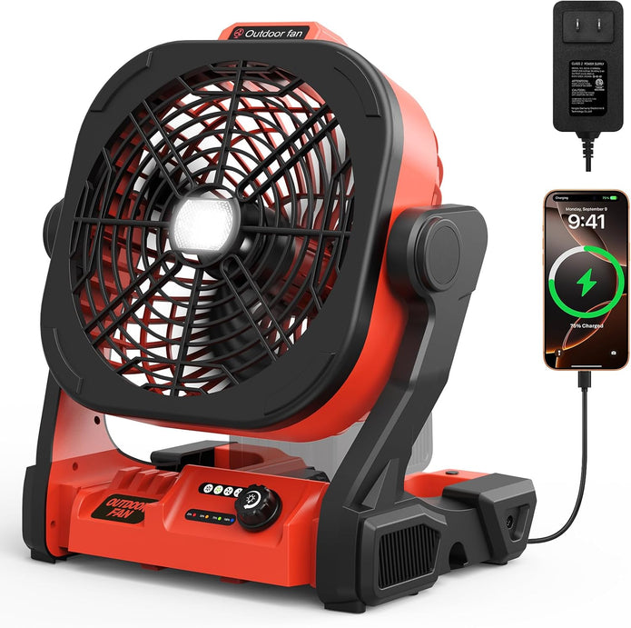 Battery Operated Fan for Milwaukee M18 battery, Portable Fan with USB A/C Charging ＆ AC Adapter & LED Lights, 4 Speeds & Hook, Cordless/Camping/Battery Powered fan, for Outdoor Jobsite (No Battery)