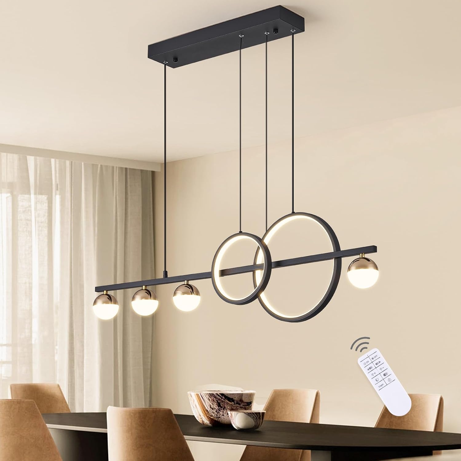 ORANOOR Modern LED Black Gold Chandeliers, 100cm Dimmable LED Pendant Light | 1m Linear Pendant Lights