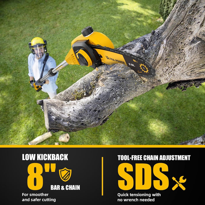 USED LIKE NEW/ Cordless Pole Saw, Compatible with Dewalt 20V Max Batteries, 8 Inch Low Kick-Back Bar and Chain, Extension Pole for Up to 15 FT Reach, Auto Lubrication System, Battery & Charger not included