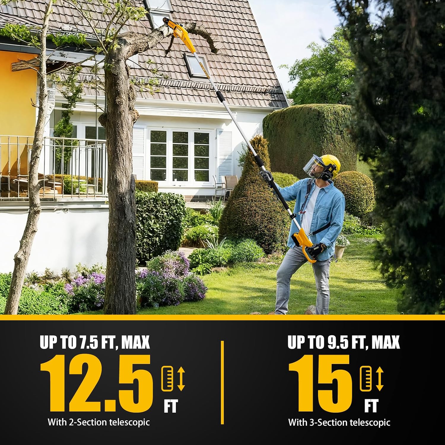USED LIKE NEW/ Cordless Pole Saw, Compatible with Dewalt 20V Max Batteries, 8 Inch Low Kick-Back Bar and Chain, Extension Pole for Up to 15 FT Reach, Auto Lubrication System, Battery & Charger not included