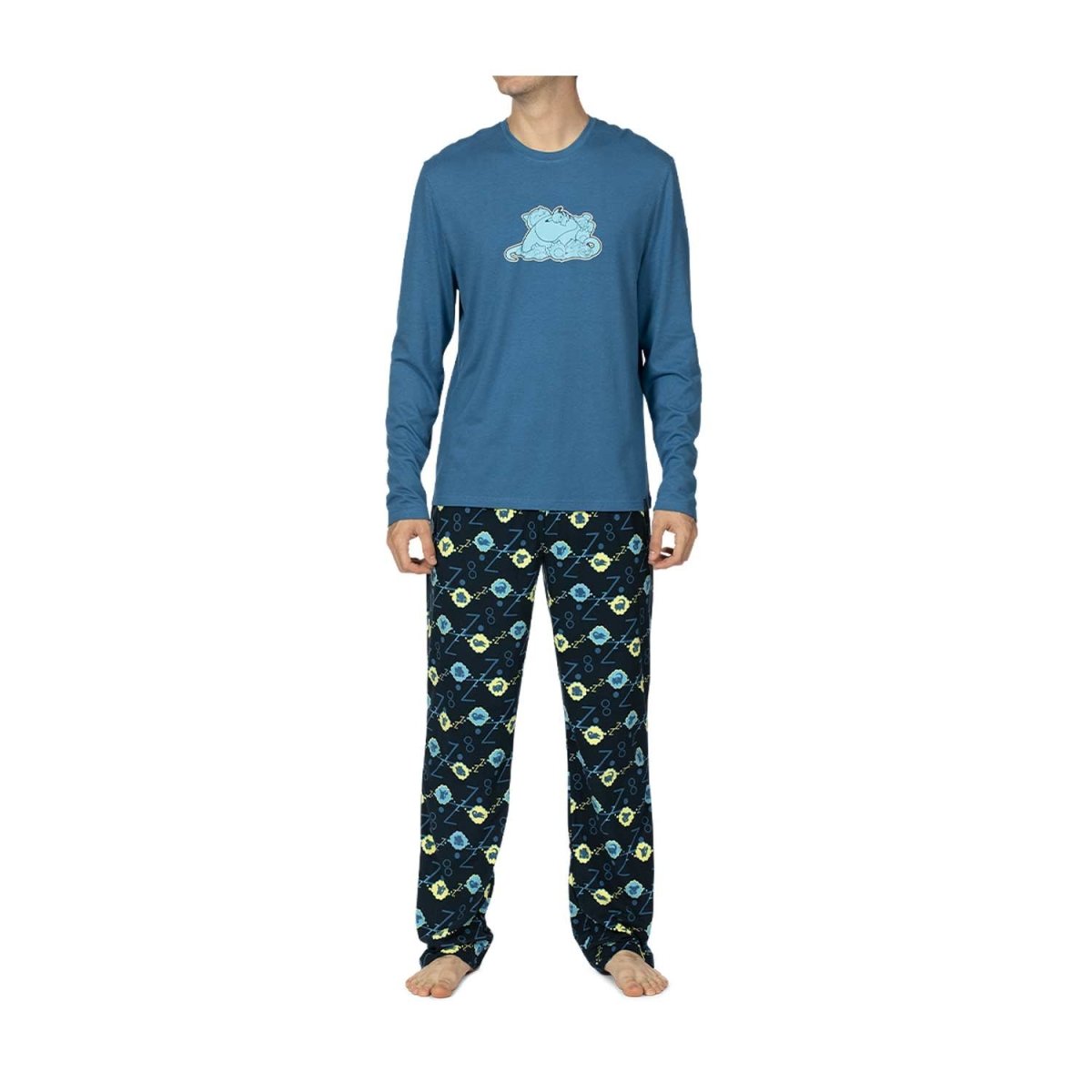 Pokemon  Centre Sleeping Snorlax Blue Long-Sleeve T-Shirt & Navy Microjersey Pants - Men.size M