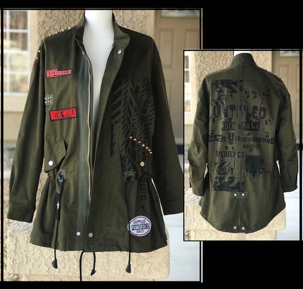 ZARA WOMEN (M-L) KHAKI PARKA ROLL UP or LG SLEEVE ROCK&ROCK & PUNK