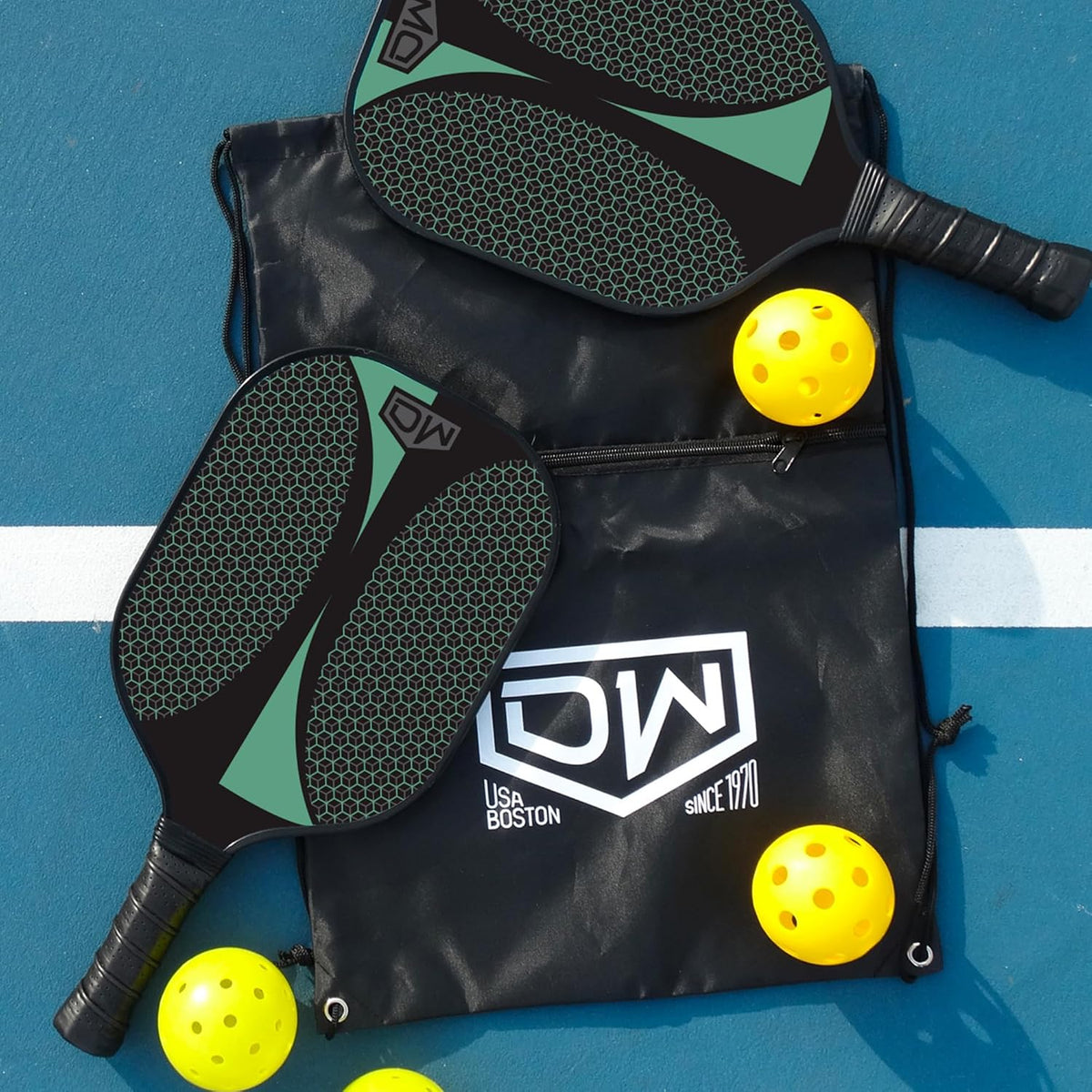 DW Cyclone Pickleball Paddles Racket Set of 2 with Indoor and Outdoor Balls - Lightweight Honeycomb Core, Carbon Fiber Graphite Surface