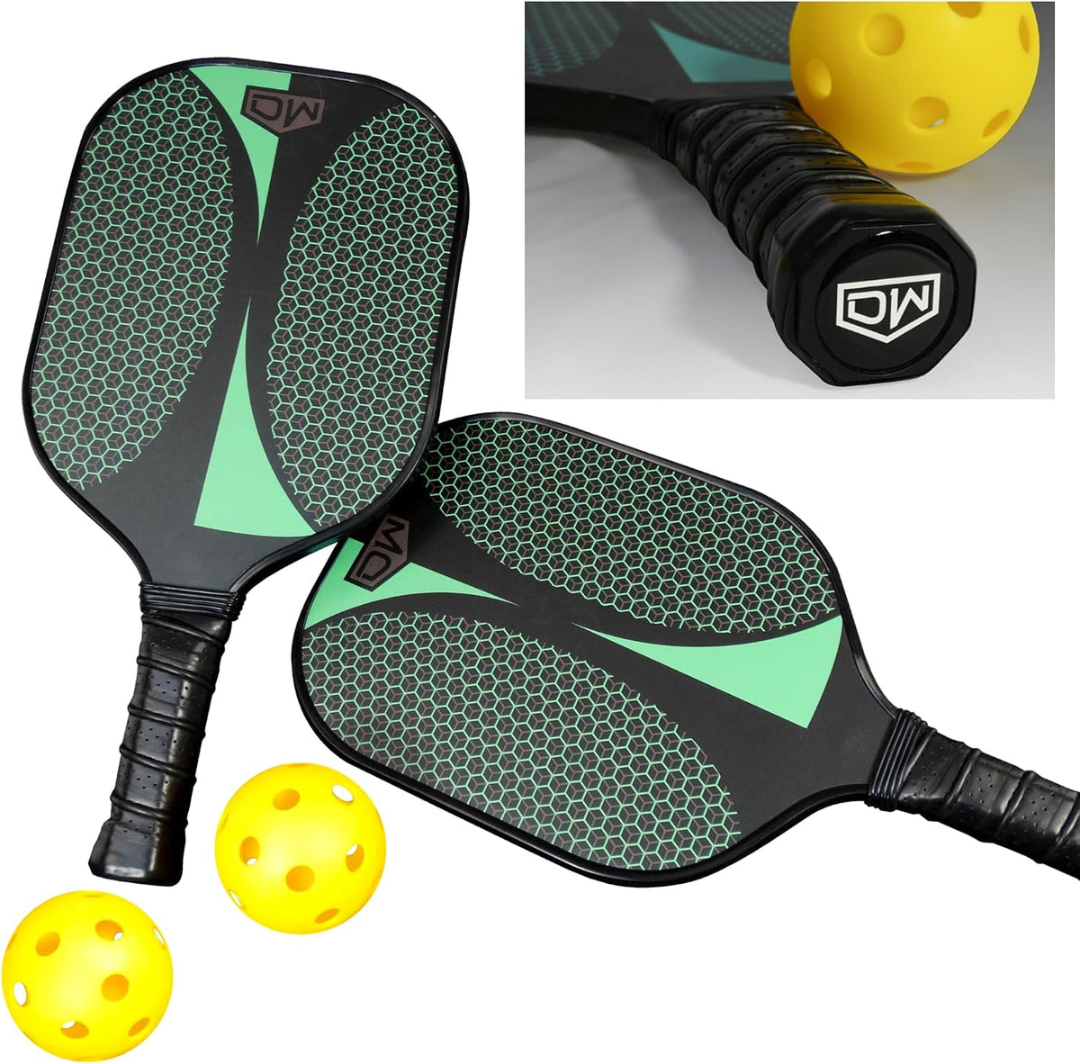 DW Cyclone Pickleball Paddles Racket Set of 2 with Indoor and Outdoor Balls - Lightweight Honeycomb Core, Carbon Fiber Graphite Surface