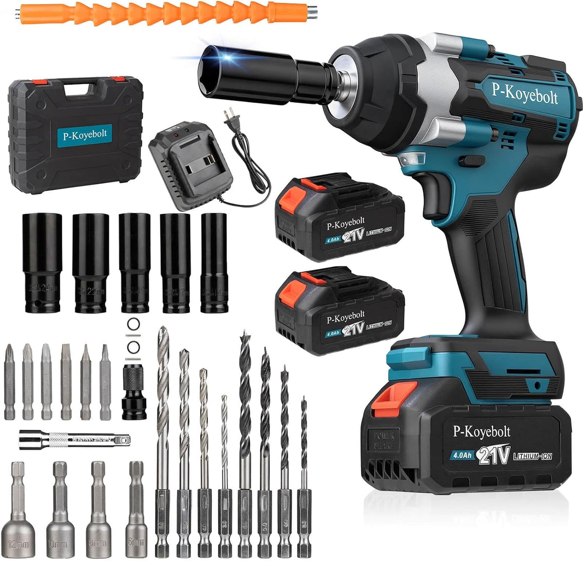 Cordless Impact Wrench, 740Ft-lbs (1000N.m) Electric Impact Gun driver, with 4-Mode Speed, 2 Battery & Charger, 5 Sockets 8 Drill 6 Screws, Power Impact Drill Set for Car Home/Truck RV/Mower