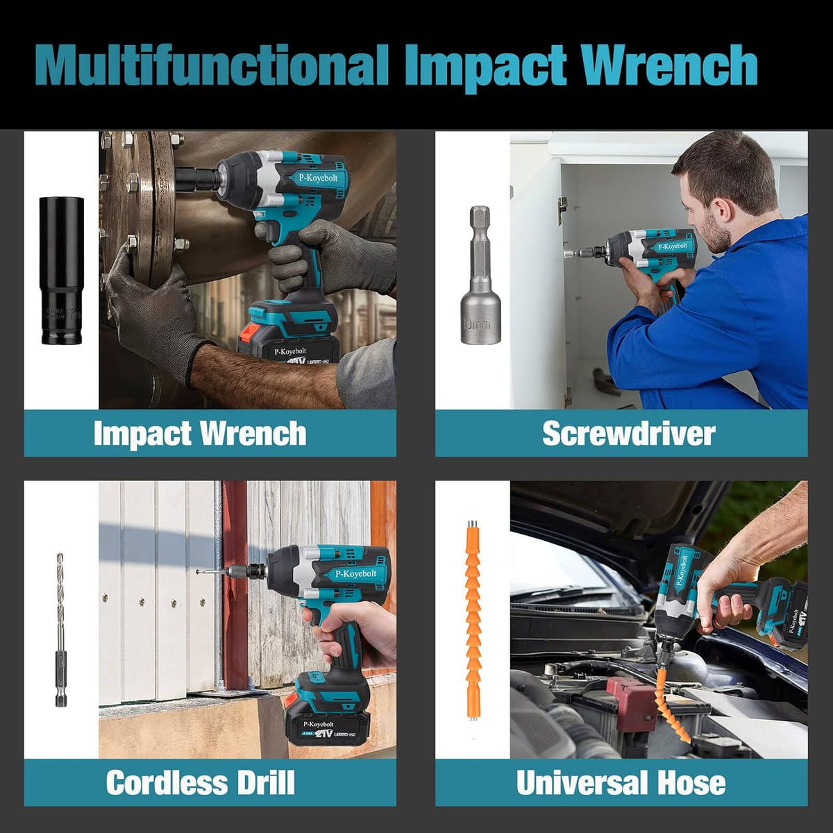 Cordless Impact Wrench, 740Ft-lbs (1000N.m) Electric Impact Gun driver, with 4-Mode Speed, 2 Battery & Charger, 5 Sockets 8 Drill 6 Screws, Power Impact Drill Set for Car Home/Truck RV/Mower
