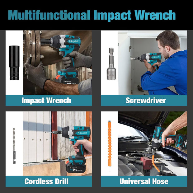 Cordless Impact Wrench, 740Ft-lbs (1000N.m) Electric Impact Gun driver, with 4-Mode Speed, 2 Battery & Charger, 5 Sockets 8 Drill 6 Screws, Power Impact Drill Set for Car Home/Truck RV/Mower