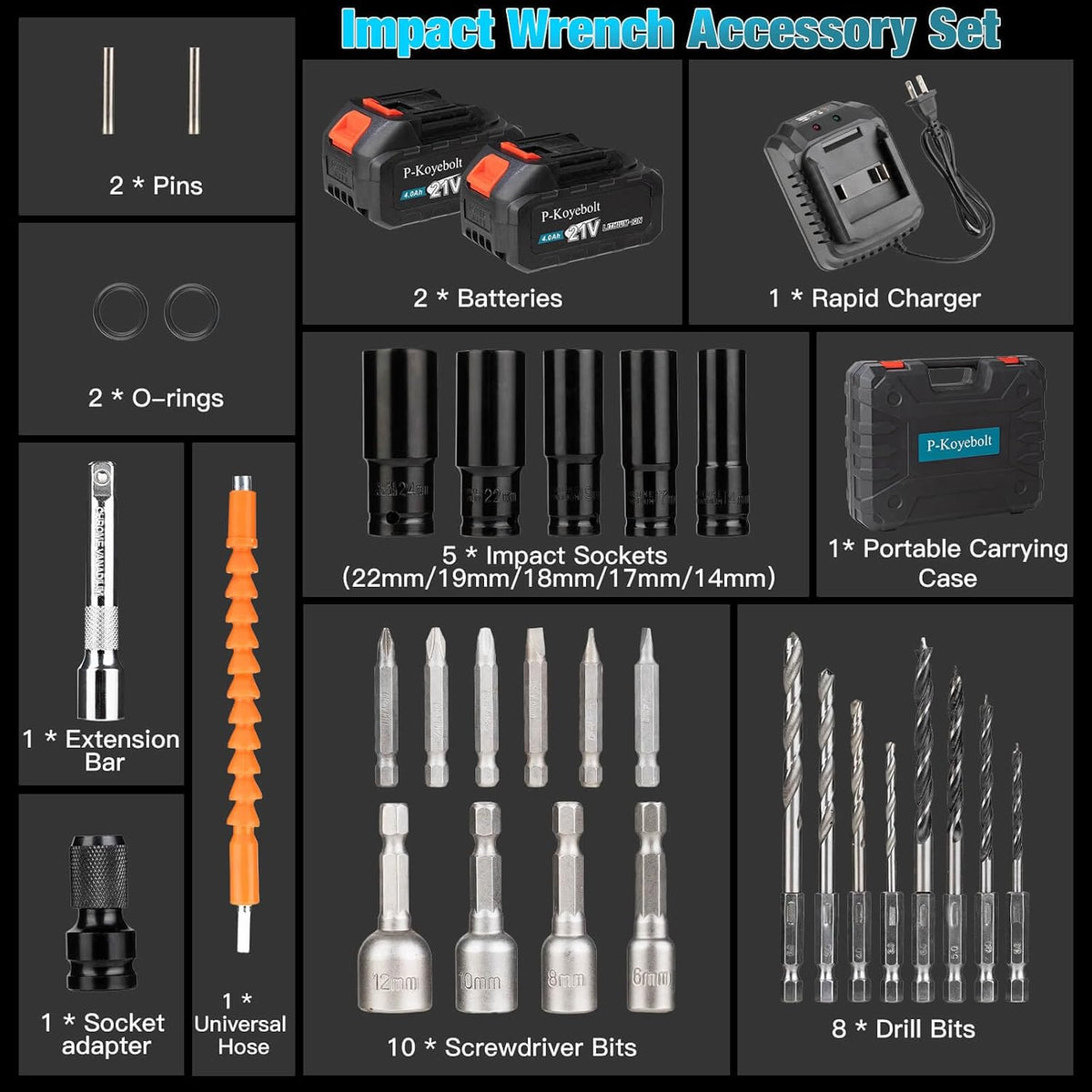 Cordless Impact Wrench, 740Ft-lbs (1000N.m) Electric Impact Gun driver, with 4-Mode Speed, 2 Battery & Charger, 5 Sockets 8 Drill 6 Screws, Power Impact Drill Set for Car Home/Truck RV/Mower