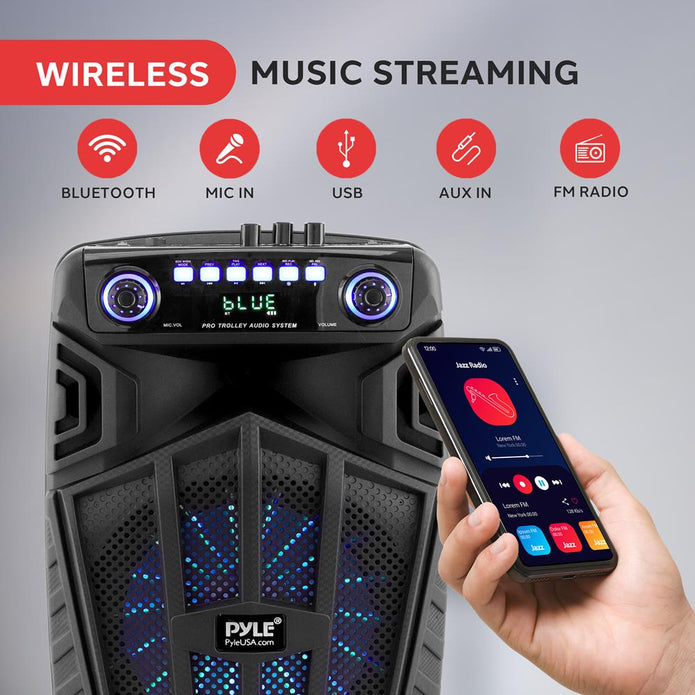 OPEM BOX PYLE 12’’ Bluetooth Portable PA Speaker - Portable PA & Karaoke Party Audio Speaker with wireless microphone, with speaker stand