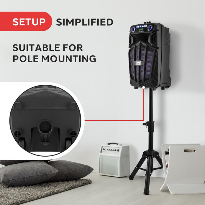 OPEM BOX PYLE 12’’ Bluetooth Portable PA Speaker - Portable PA & Karaoke Party Audio Speaker with wireless microphone, with speaker stand