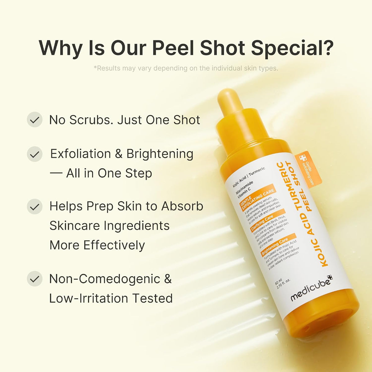 medicube Peel Shot with Kojic Acid Turmeric | Reset in One Step | Gentle Exfoliating Serum with BHA, LHA, PHA for Dead Skin Cells, Blackheads, Excess Sebum | For Dull, Rough, Troubled Skin | 2.7 fl.oz 80ml