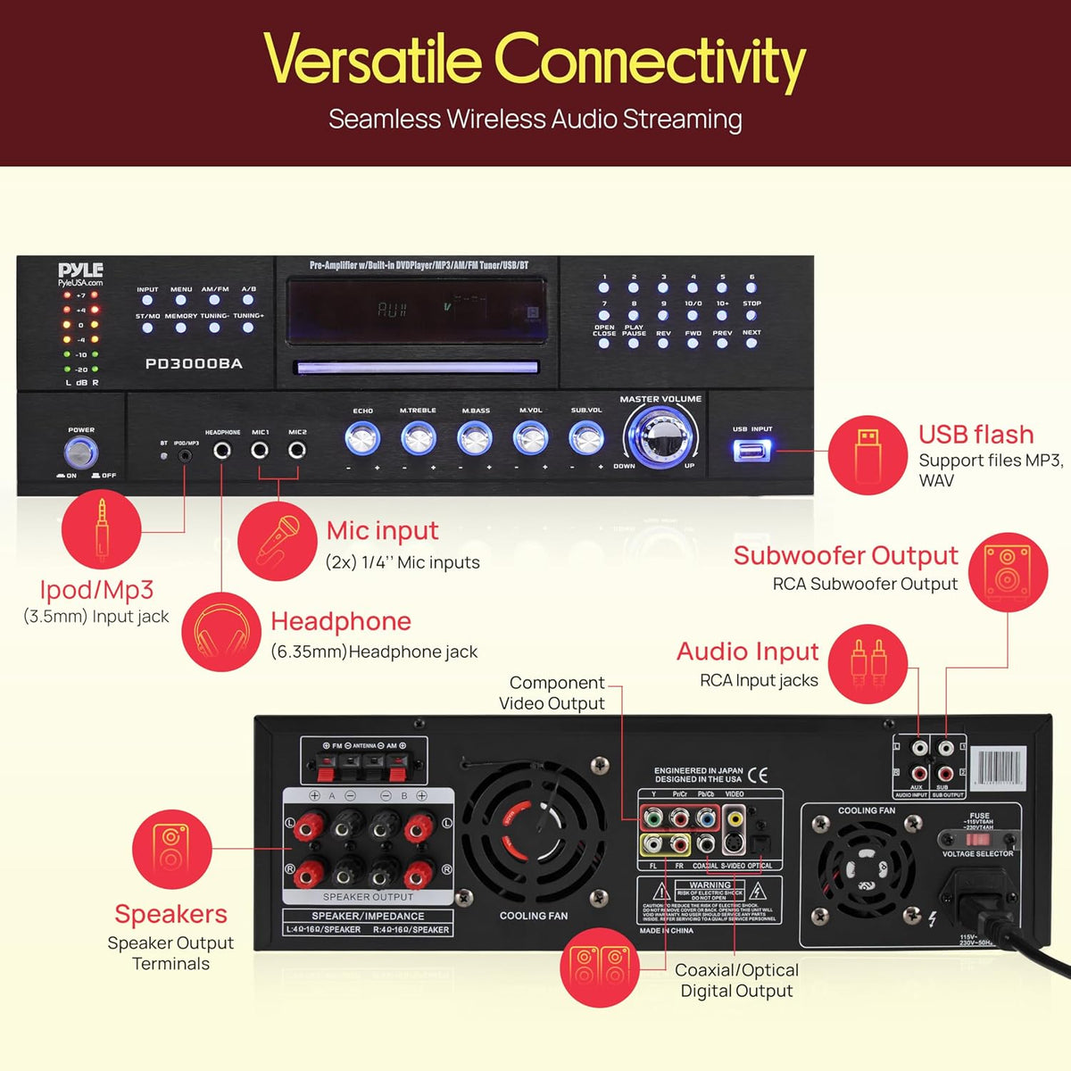 Pyle 4 Channel Bluetooth Home Amplifier - Front Loading DVD/CD Player - 3000W Peak Stereo Receiver