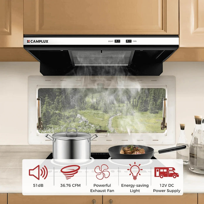 CAMPLUX RV Range Hood 22 Inches, Vented Range Hood with LED Light and Exhaust Fan 12V DC for RV, Tiny House, Trailer and Yacht
