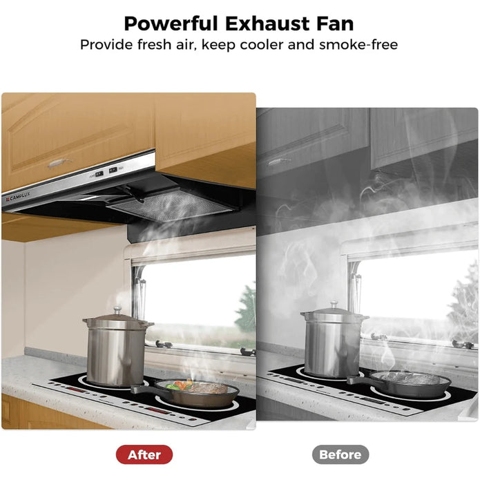 CAMPLUX RV Range Hood 22 Inches, Vented Range Hood with LED Light and Exhaust Fan 12V DC for RV, Tiny House, Trailer and Yacht