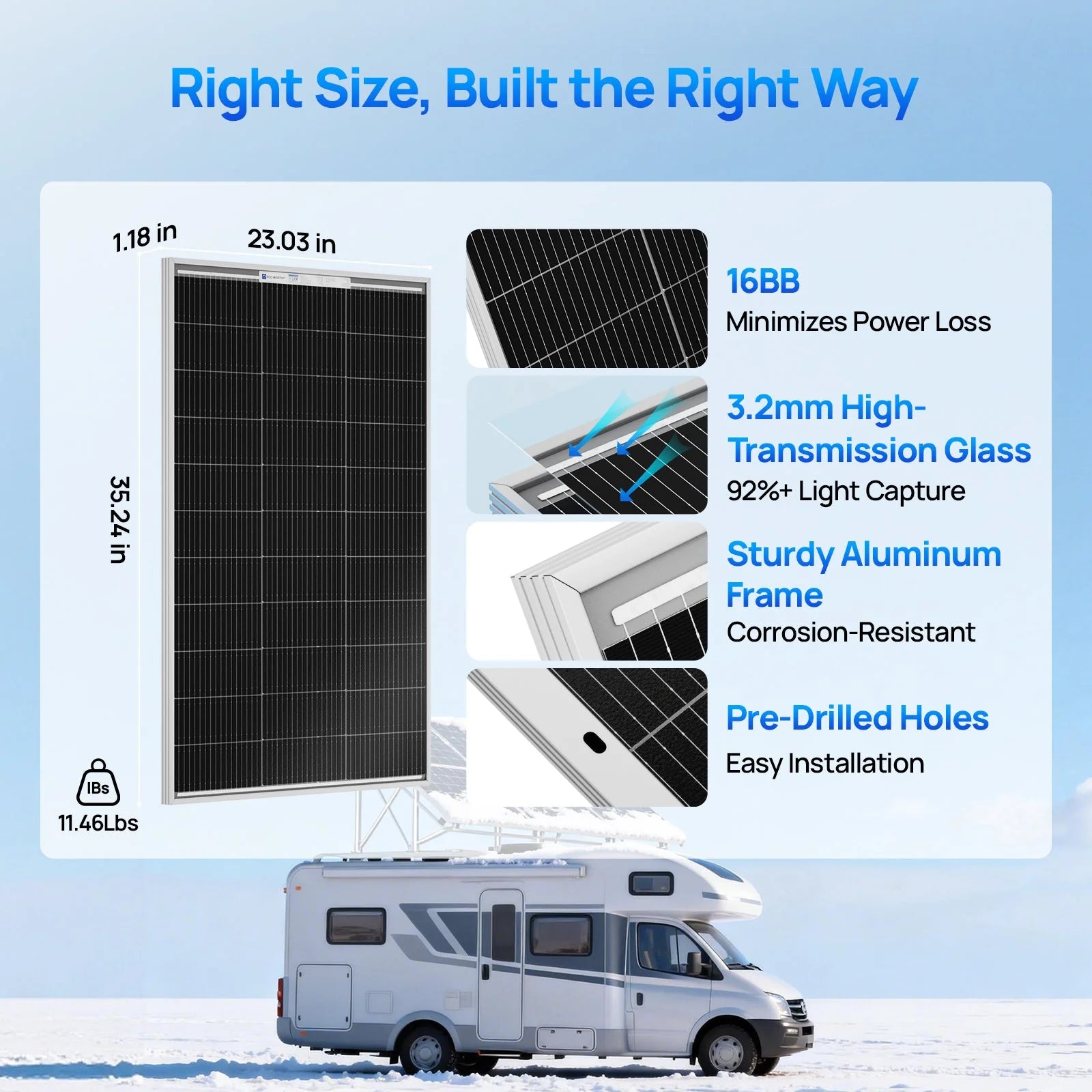 ECO-WORTHY 100W 18V Monocrystalline N-Type Solar Panel High Efficiency Module RV Marine Boat Caravan Off Grid