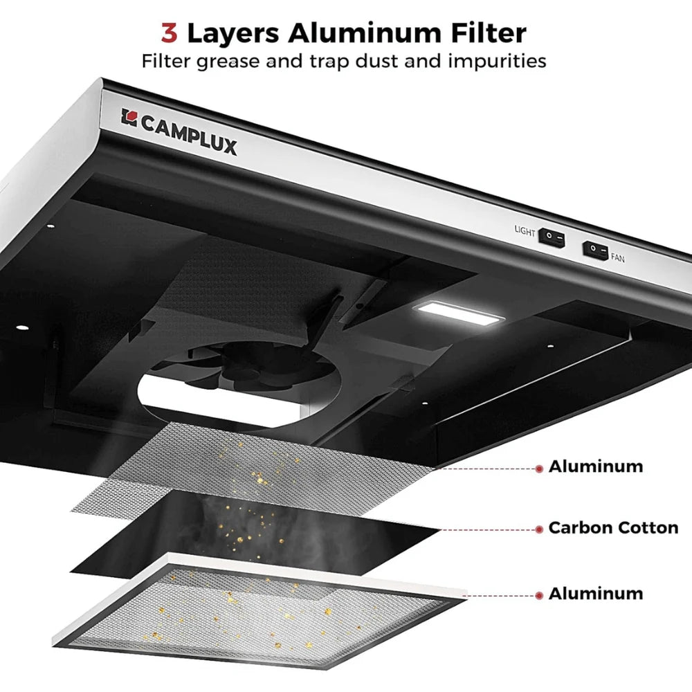 CAMPLUX RV Range Hood 22 Inches, Vented Range Hood with LED Light and Exhaust Fan 12V DC for RV, Tiny House, Trailer and Yacht