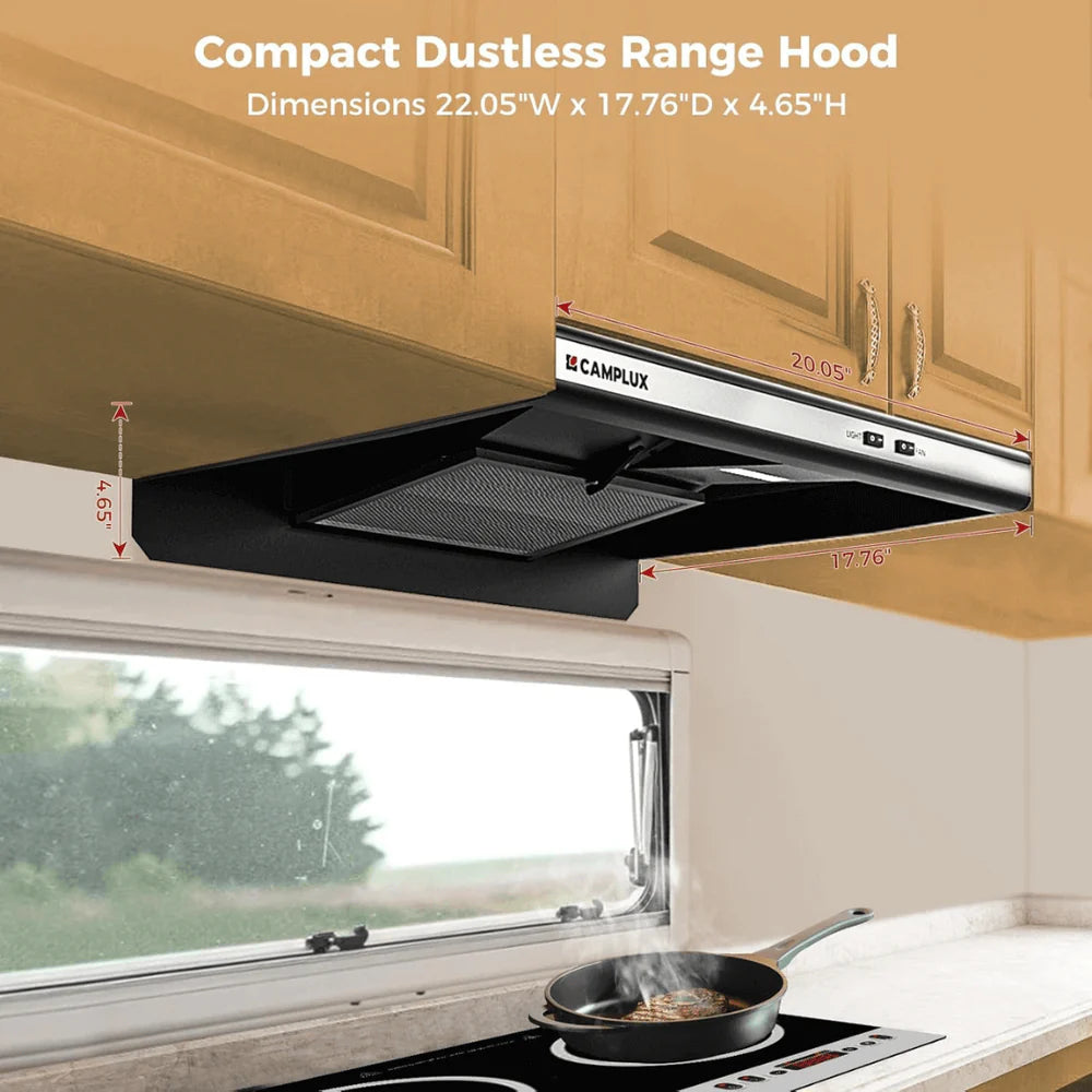 CAMPLUX RV Range Hood 22 Inches, Vented Range Hood with LED Light and Exhaust Fan 12V DC for RV, Tiny House, Trailer and Yacht