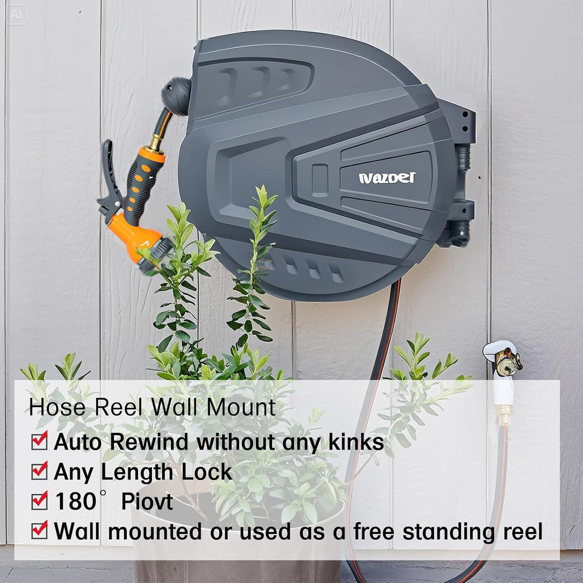 Retractable Garden Hose Reel 1/2 in x130ft,Retractable Hose Reel Wall Mount,with 9- Function Sprayer Nozzle,Self-Rewind,Slow Retraction,Self-Locking,Wall Mounted,180° Pivot Bracket Grey RY-GHR