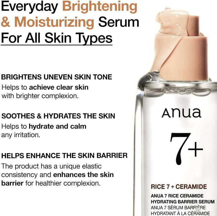 ANUA Rice Ceramide 7 Hydrating Barrier Serum 1.69 fl oz (50ml) - Face Serum with Rice Extract