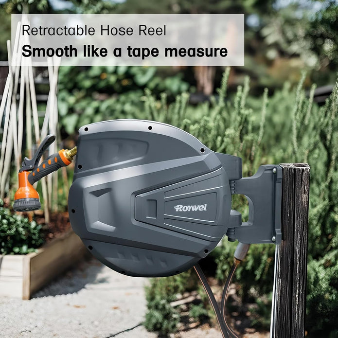 Retractable Garden Hose Reel 1/2 in x130ft,Retractable Hose Reel Wall Mount,with 9- Function Sprayer Nozzle,Self-Rewind,Slow Retraction,Self-Locking,Wall Mounted,180° Pivot Bracket Grey RY-GHR