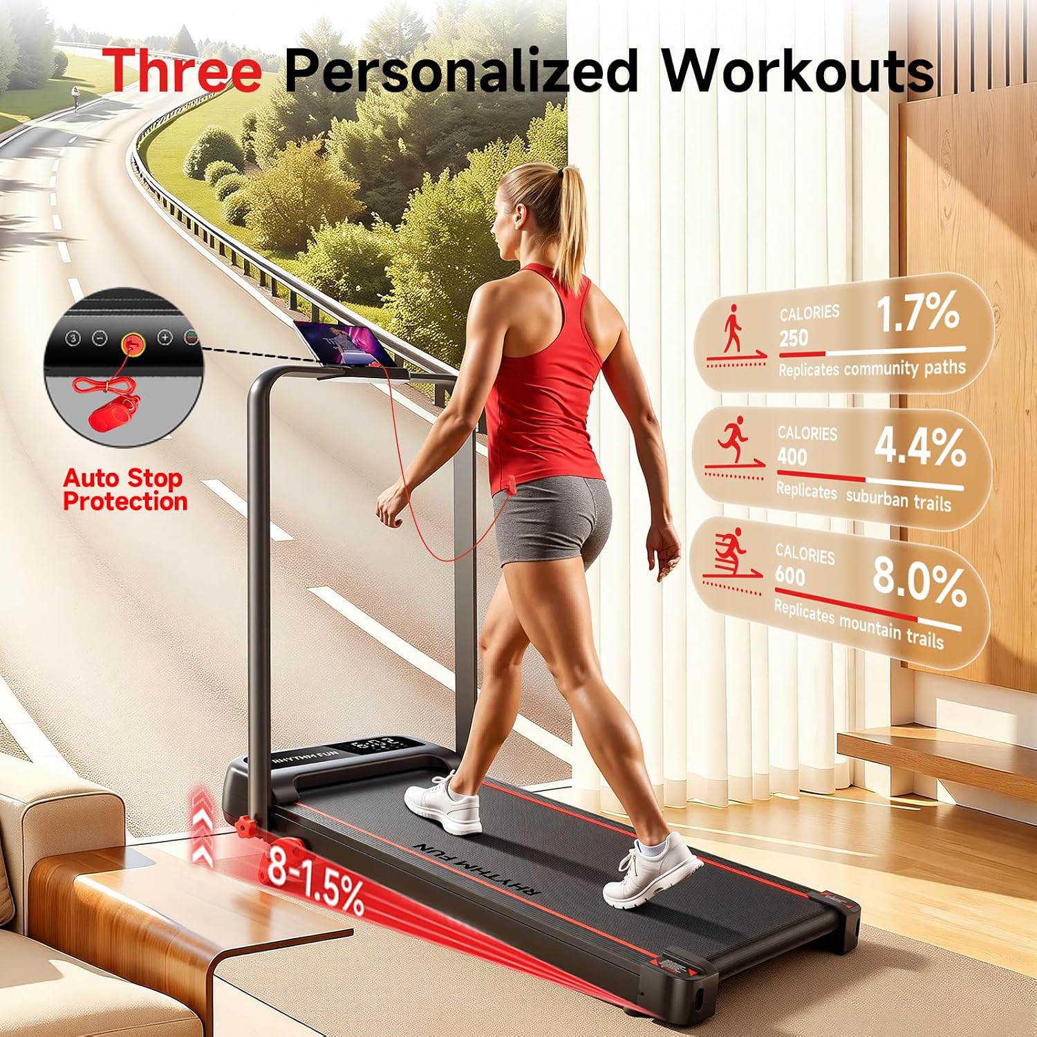 RHYTHM FUN / M4138 / 13% Incline Walking Pad Treadmill, Foldable Walking Pad with Handle Bar, Compact Walking Treadmill with Low Noise for 300 lbs Weight Capacity Home Office Use