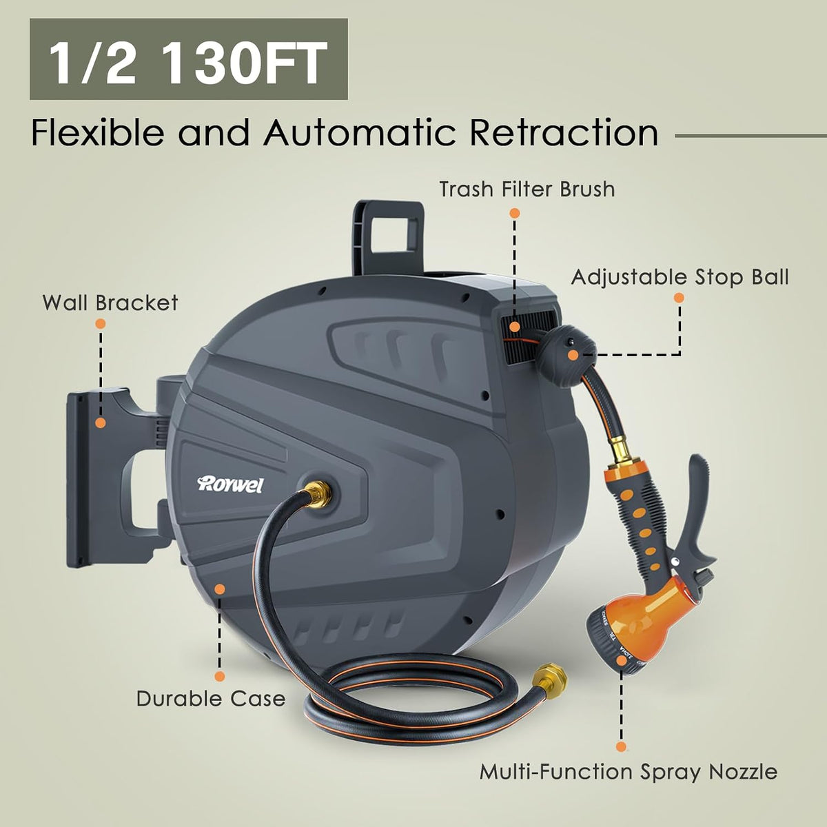 Retractable Garden Hose Reel 1/2 in x130ft,Retractable Hose Reel Wall Mount,with 9- Function Sprayer Nozzle,Self-Rewind,Slow Retraction,Self-Locking,Wall Mounted,180° Pivot Bracket Grey RY-GHR