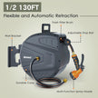 Retractable Garden Hose Reel 1/2 in x130ft,Retractable Hose Reel Wall Mount,with 9- Function Sprayer Nozzle,Self-Rewind,Slow Retraction,Self-Locking,Wall Mounted,180° Pivot Bracket Grey RY-GHR