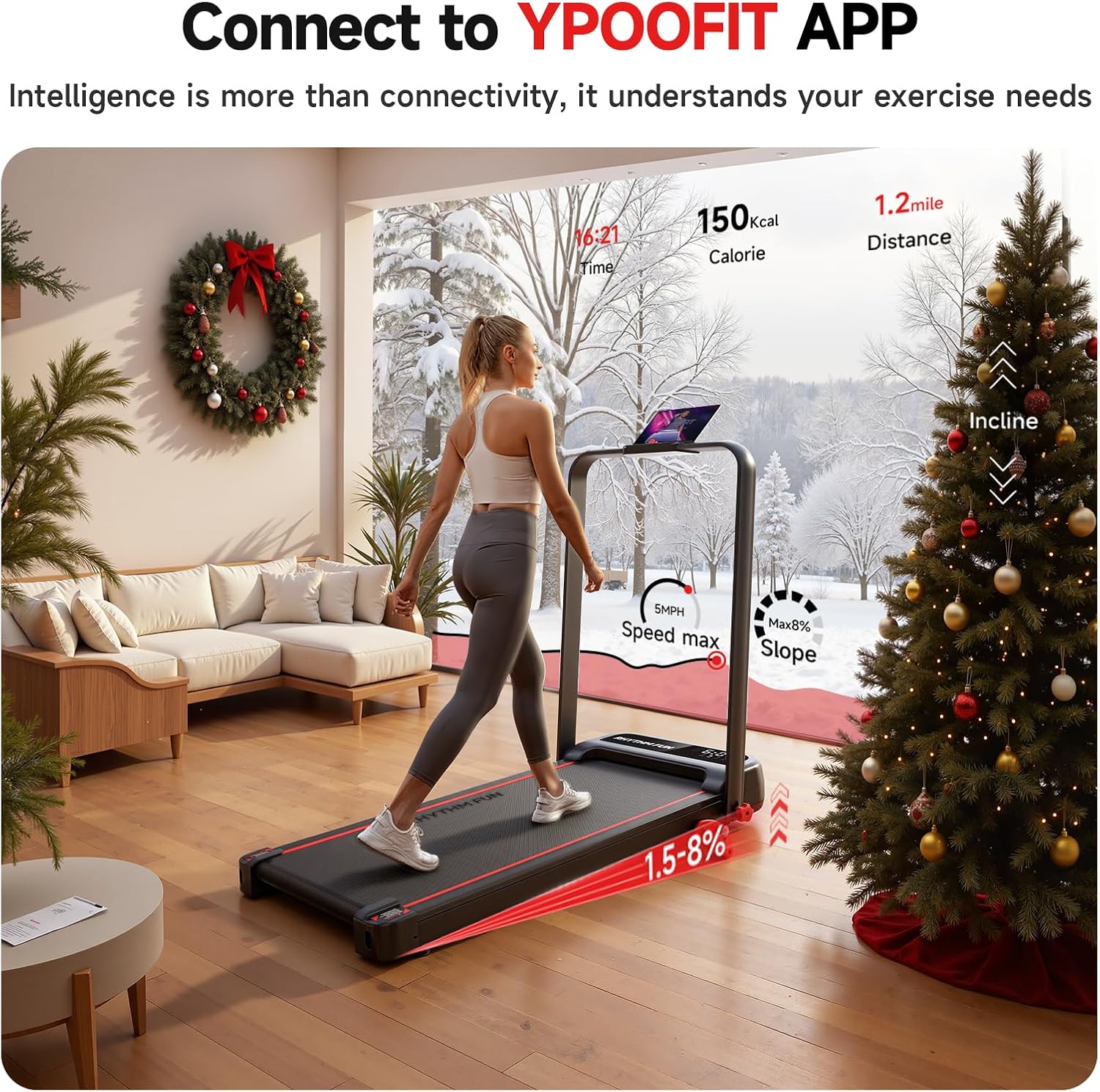 RHYTHM FUN / M4138 / 13% Incline Walking Pad Treadmill, Foldable Walking Pad with Handle Bar, Compact Walking Treadmill with Low Noise for 300 lbs Weight Capacity Home Office Use