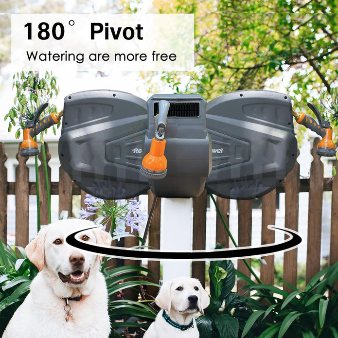 Retractable Garden Hose Reel 1/2 in x130ft,Retractable Hose Reel Wall Mount,with 9- Function Sprayer Nozzle,Self-Rewind,Slow Retraction,Self-Locking,Wall Mounted,180° Pivot Bracket Grey RY-GHR