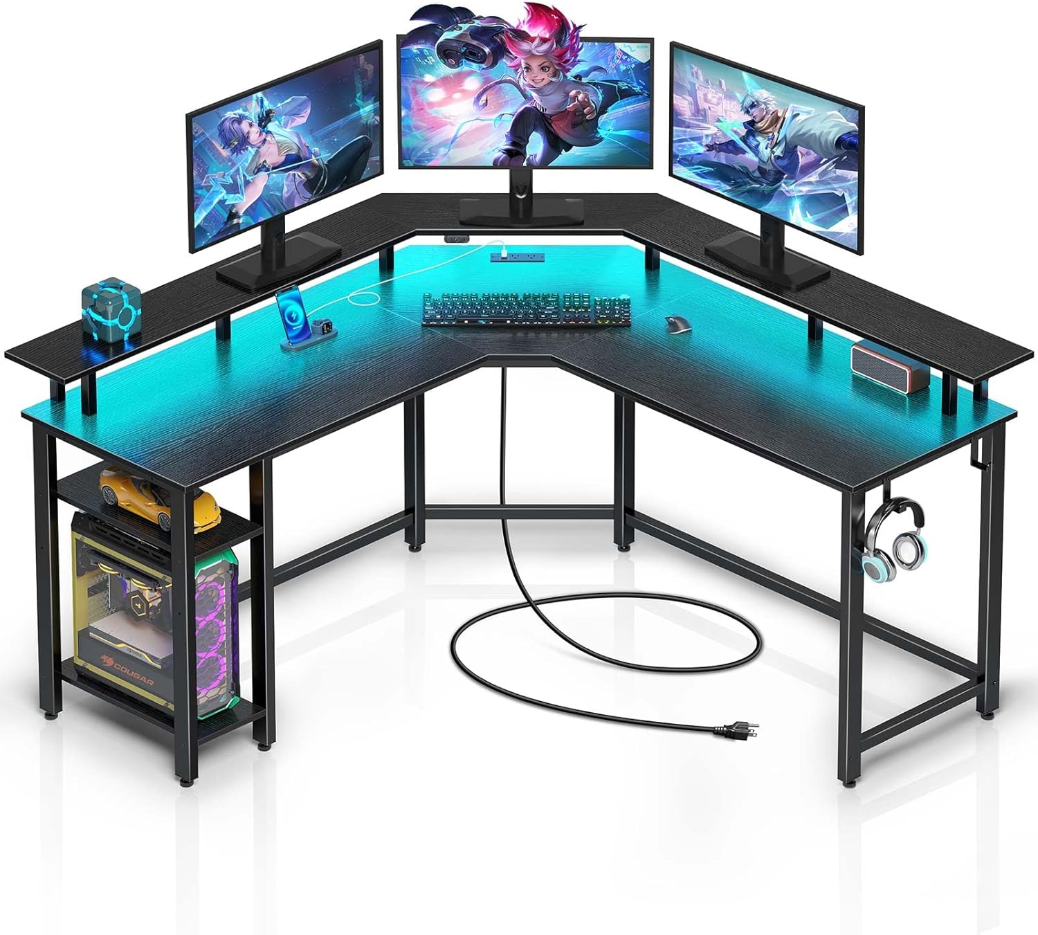 Rolanstar Computer Desk 53" with Power Outlets USB Ports & LED Strip, Reversible L Shaped Desk