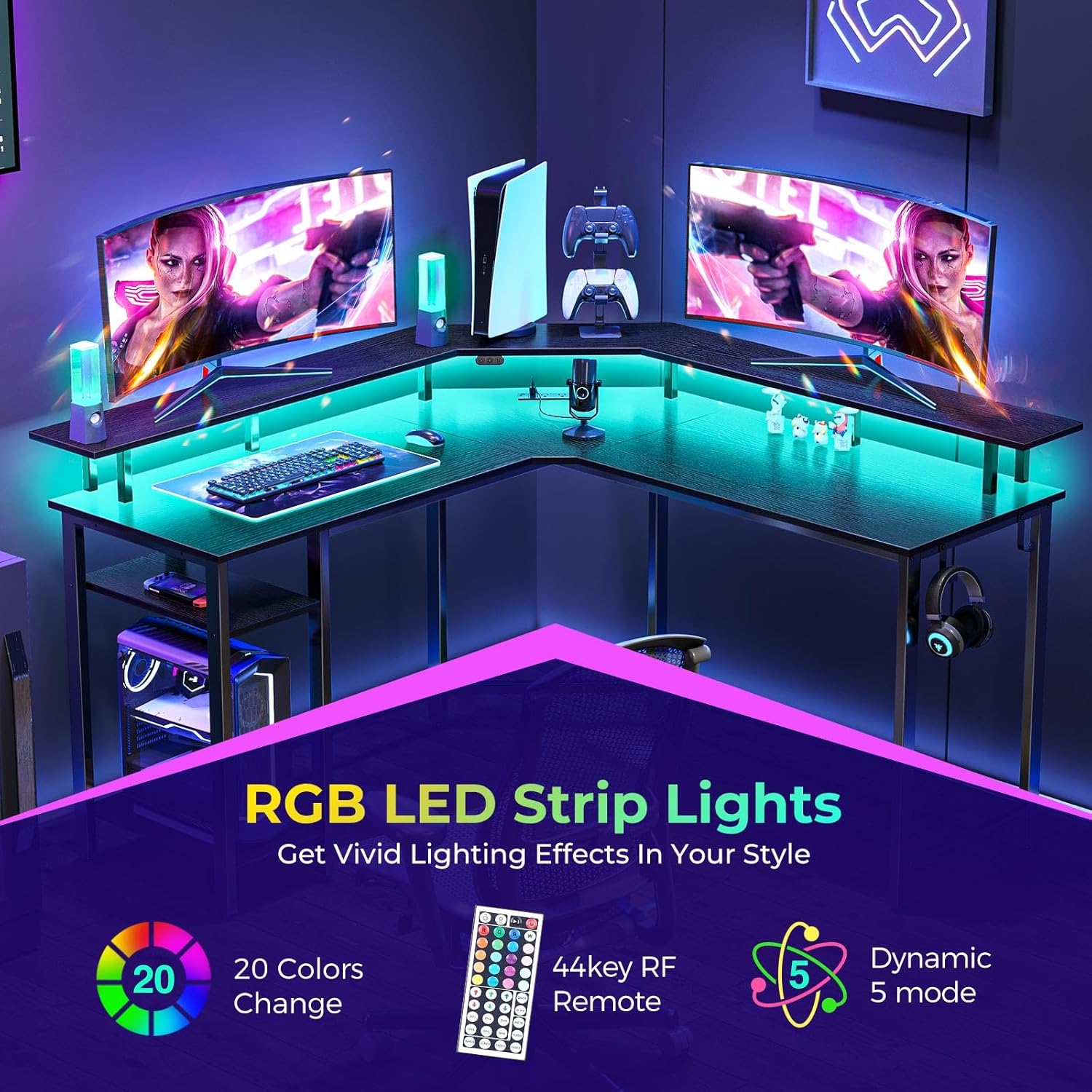 Rolanstar Computer Desk 53" with Power Outlets USB Ports & LED Strip, Reversible L Shaped Desk