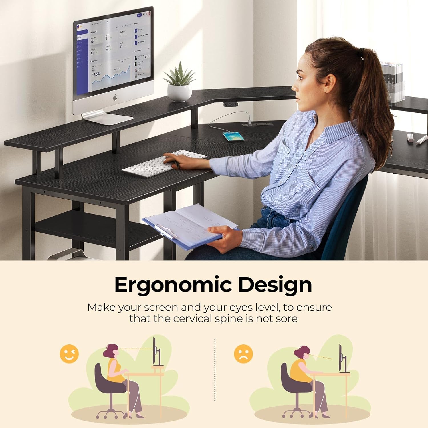 Rolanstar Computer Desk 53" with Power Outlets USB Ports & LED Strip, Reversible L Shaped Desk