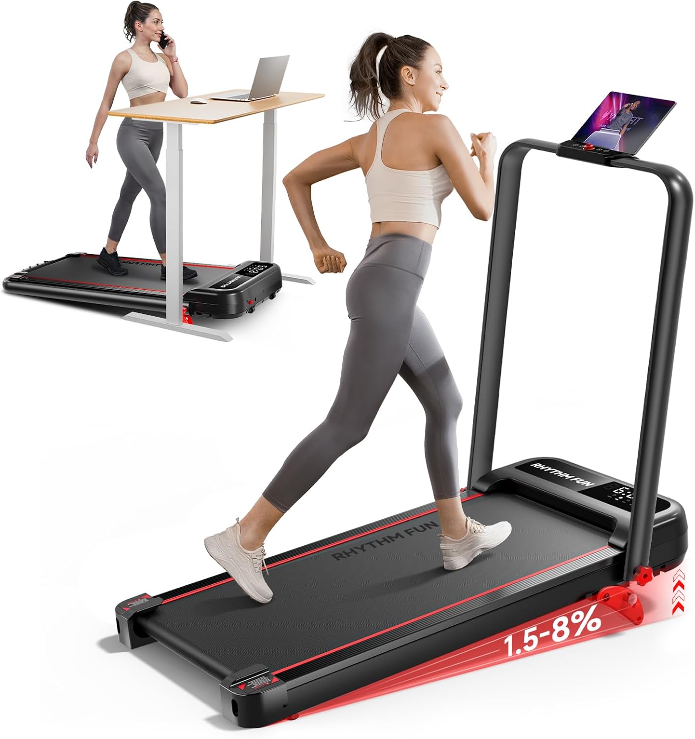 RHYTHM FUN / M4138 / 13% Incline Walking Pad Treadmill, Foldable Walking Pad with Handle Bar, Compact Walking Treadmill with Low Noise for 300 lbs Weight Capacity Home Office Use