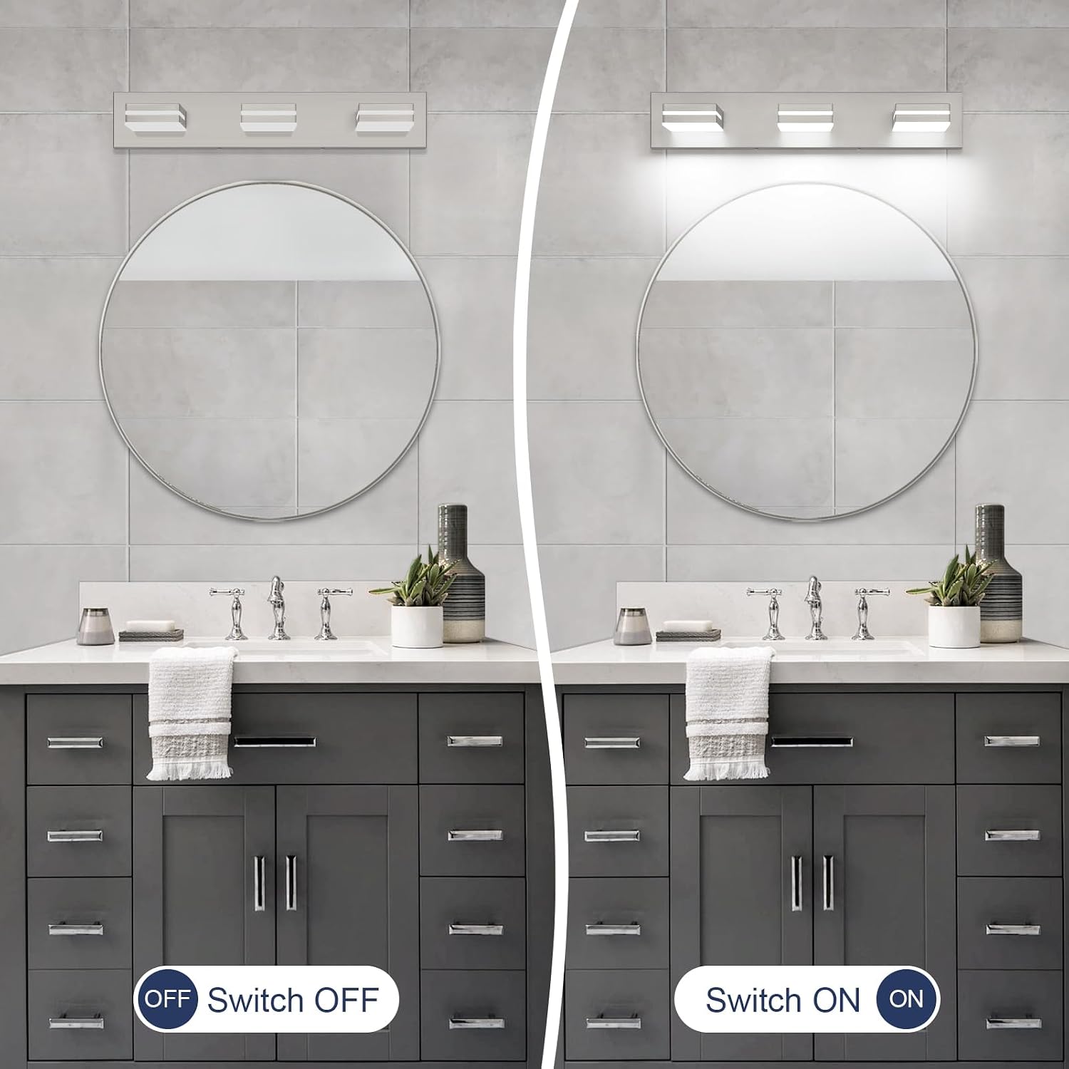 SineRise LED Modern Bathroom Vanity Light Fixtures (3-Light, 24-Inch), Brushed Nickel Modern Acrylic Bathroom Wall Lighting Fixtures Over Mirror (Cool White 6000K)